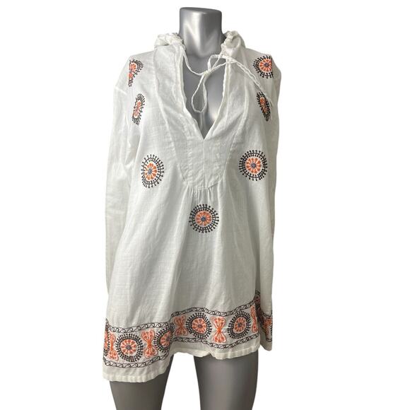 Roberta Freymann Women's Tunic Coverup V Neck White Embroidered Large Resort 90s - Picture 3 of 11